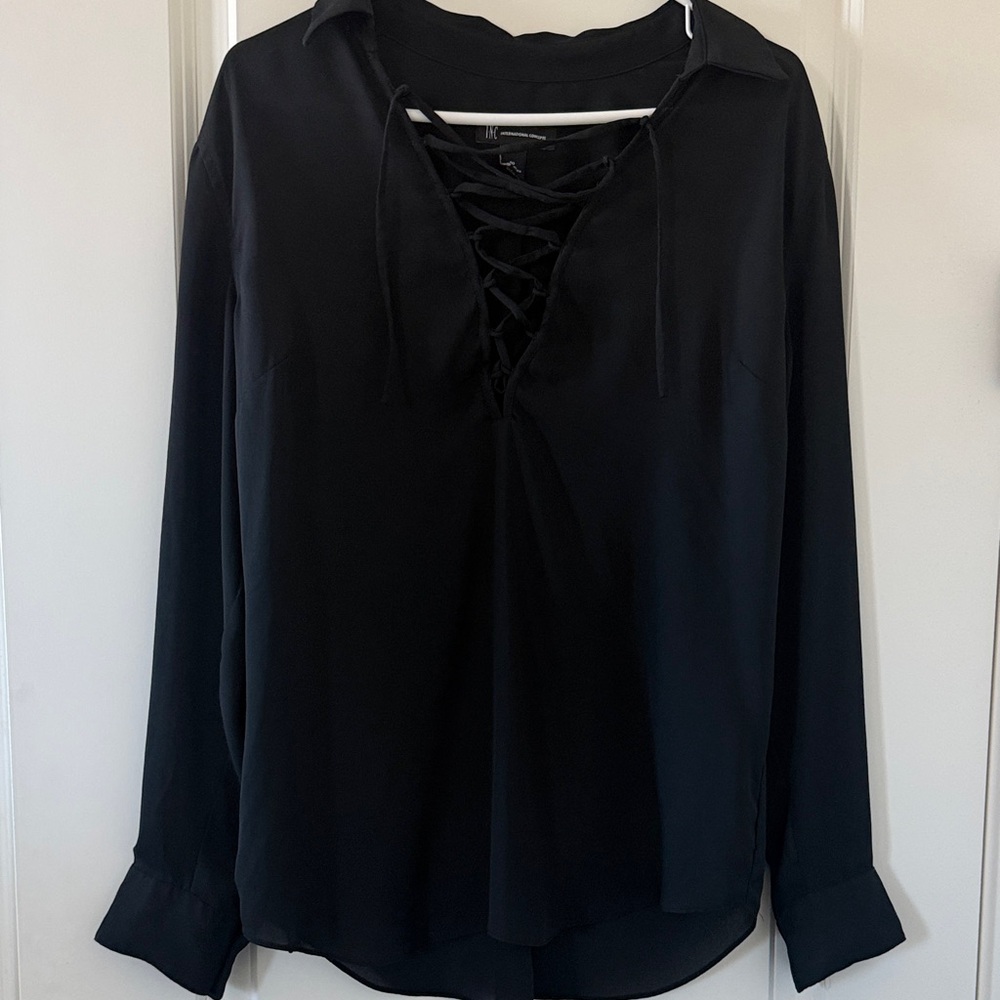 INC International Concepts Black Lace-Up V-Neck Blouse
